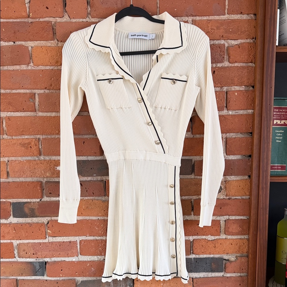 Self-Portrait Cream Long Sleeve Knit Dress